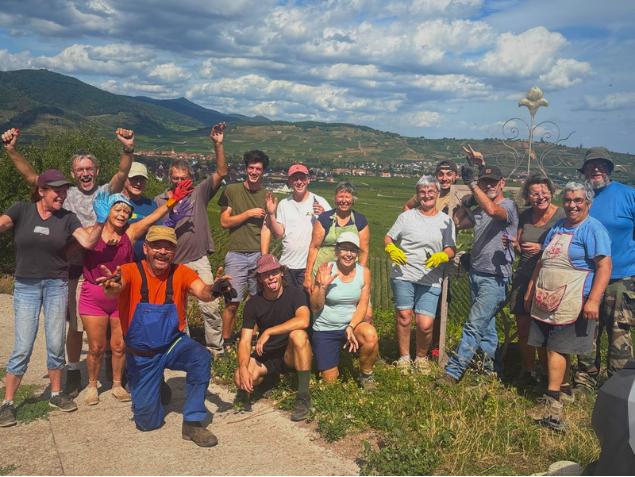 Les vendangeurs du domaine Jean-Baptiste Adam réunis dans les vignes à la fin de la récolte 2026.