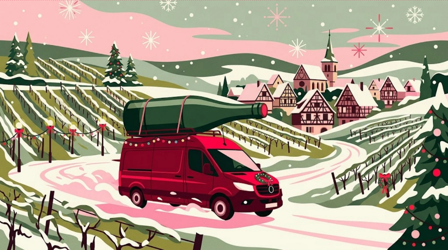 Livraison de Noël dans le vignoble alsacien enneigé