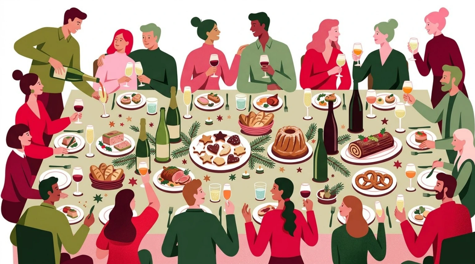 Une grande tablée de fête partage un repas et les vins du domaine